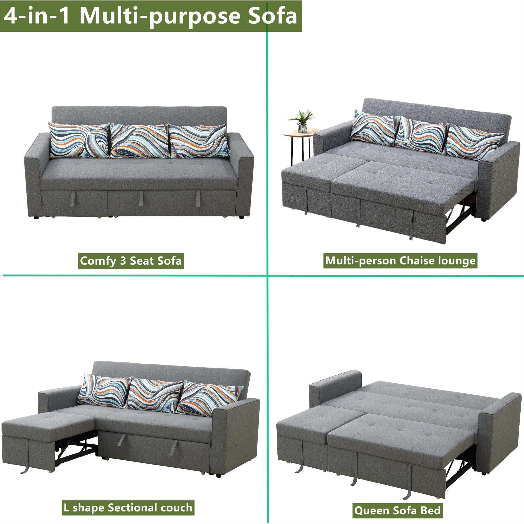 Aukfa 77" Comfy 3 Seat Sofa Convertible Sectional Sleeper Sofa Bed for Living Room, 3 Pillows, Linen, Gray