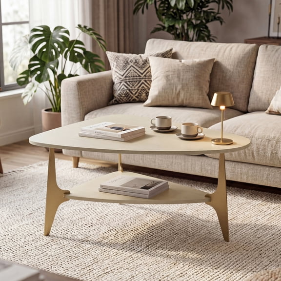 33.46" Oval Coffee Table with Storage Shelf, Modern Beige Wood Coffee Table for Living Room, 2-Tier Center Table with Artistic Gold Metal Legs, Small Space Accent Table