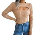 thumbnail image 2 of VSSSJ Women's Cutout Crew Neck Cable Knit Cropped Sweaters Casual Long Sleeve Slim Fit Solid Color Pullover Crop Jumper Sweater Khaki S, 2 of 7