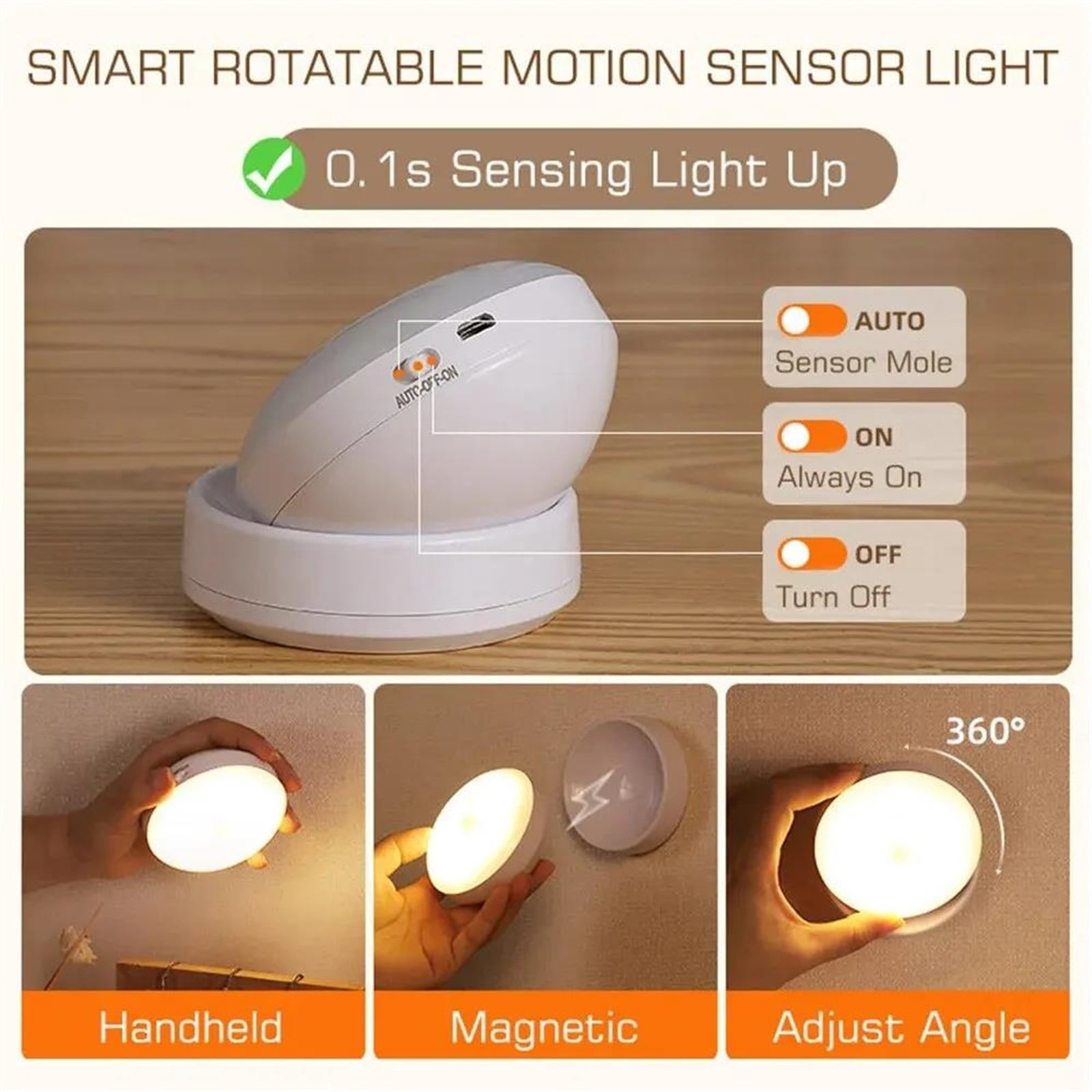 For Home Rechargeable Under Cabinet Light Wireless Closet Night Lamp 360 Rotated PIR Motion Sensor Wall Lamps