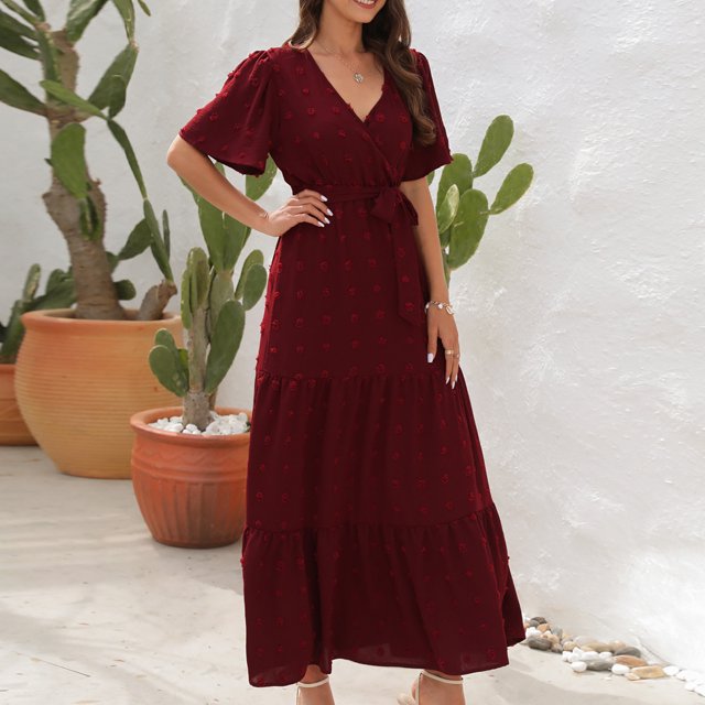 Gspmoly Robes d'Été pour Femmes, Mode d'Été pour Femmes Robe Bohème à Manches Courtes, Col en V, Taille Haute, Manches Longues Courtes, Robes d'Été pour Femmes en Liquidation