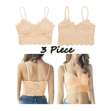 

LELINTA 3 Piece Women s Lace Bralettes V Neck Spaghetti Strap Seamless Bra Top Crop Bralette Padded Lace Bandeau Bra