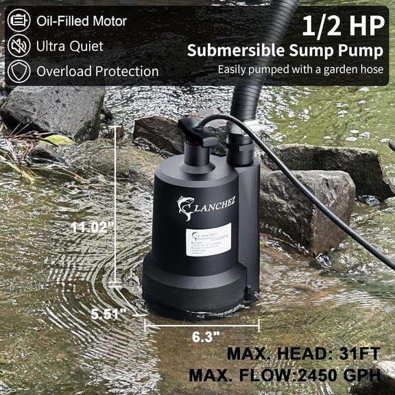 Lanchez Sump Pump, 1/2 2450GPH Submersible Water Pump