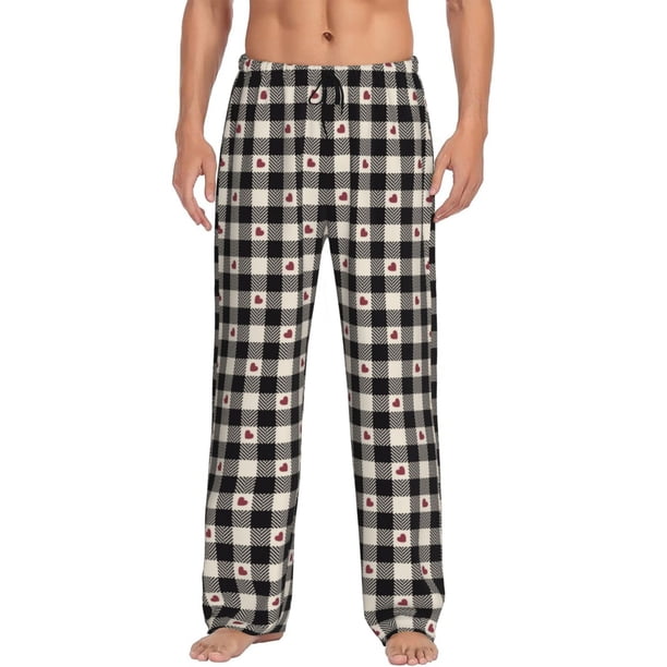 Balery Black Plaid Heart Pantalones de pijama para hombre, pijama ultraligero, pantalón de descanso-Small