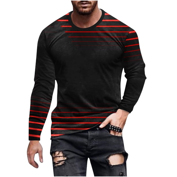 Blusas y camisas de manga larga con cuello redondo para hombre, blusa informal de manga larga con cuello redondo y estampado de rayas, blusa de poliéster para hombre