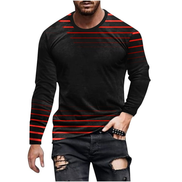 Birdeem T-Shirts à Manches Longues pour Hommes, Col Rond Décontracté, Chandail à Manches Longues, T-Shirt Imprimé Rayé, Blouse, Hauts T-Shirts à Manches Longues pour Hommes