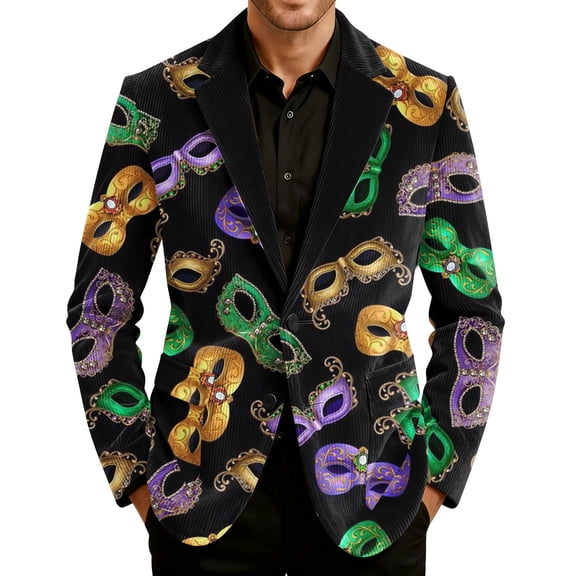 Mardi Gras Men's Blazer Corduroy Mask Print Carnival Party Jacket Two Button Slim Fit Business Office Suit Jacket with Pockets Plus Size Outerwear