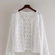 Women Flare Long Sleeve Crochet Cardigan Open Front Hollow Floral Sweater Coat