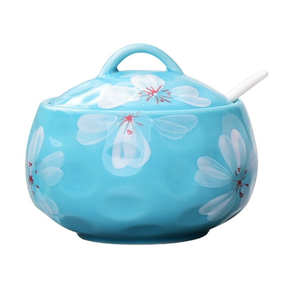 Sugar Bowl With Lid And Spoon, 14oz Sugar Dish, Sugar Bowls For Countertop, Salt Container-Blue