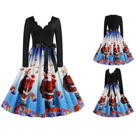 Jacenvly Winter Dresses for Women 2024 Long Sleeve Christmas Printed Prom Dresses V-Neck Mid-Length Skirts Fashion Christmas Women'S Vintage Gown Blue