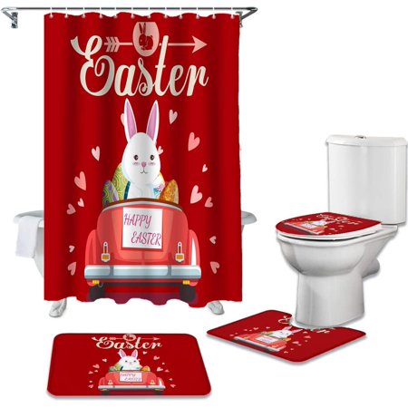 ZHANZZK Easter RabbitEggs on Farm Truck 4 Piece Bathroom Set Shower Curtain Bath Rug Contour Mat and Toilet Lid Cover