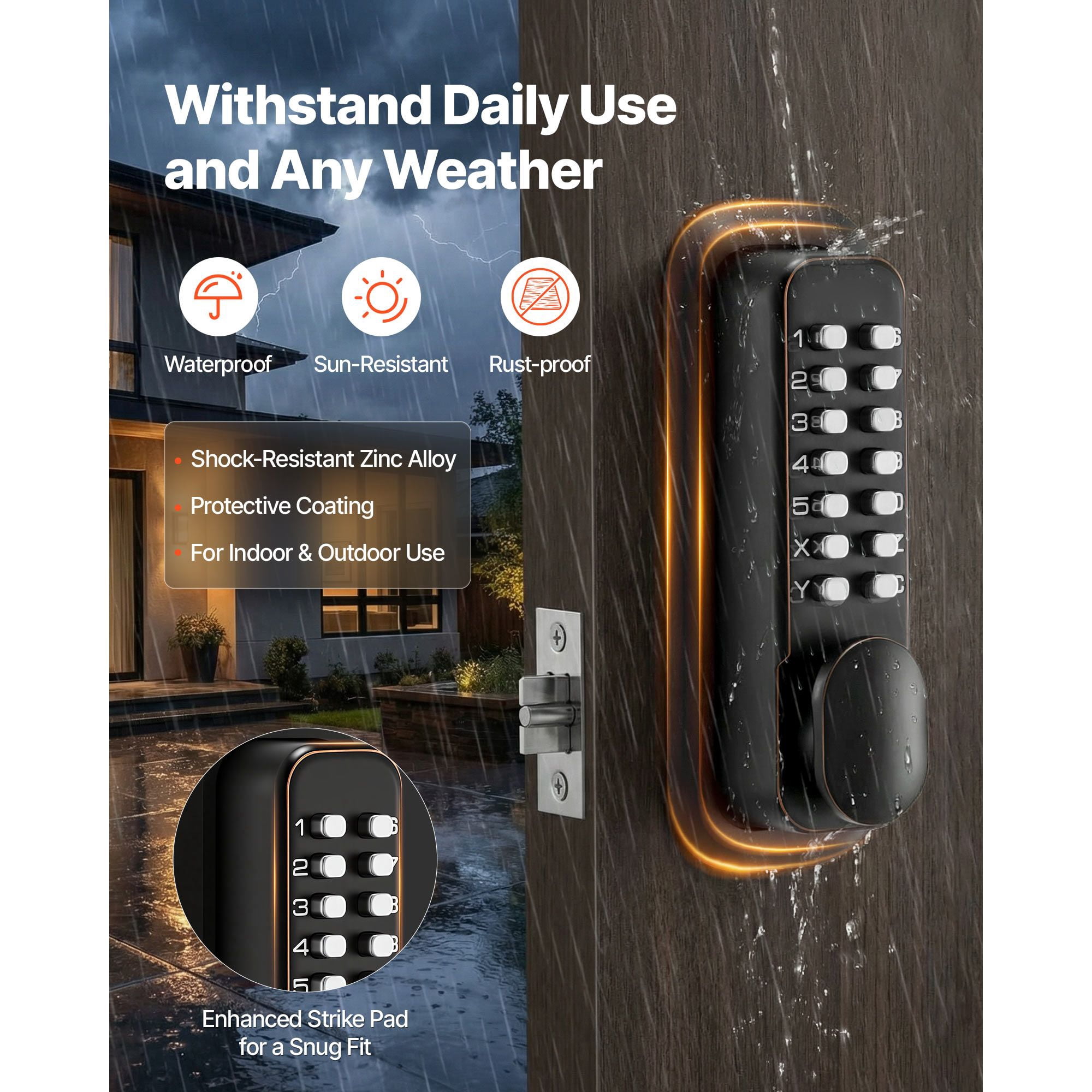 Mechanical Keyless Door Lock Gen2 Double-Sided 4-7 Digit Code No Batteries 1.4-2.5 Inch Door Thickness for Front Gate