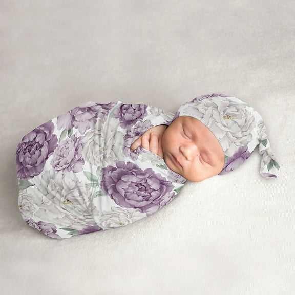 Sweet Jojo Designs Peony Floral Garden Lavender Purple and Ivory Girl Baby Cocoon and Beanie Hat Sleep Sack Set 2 Piece