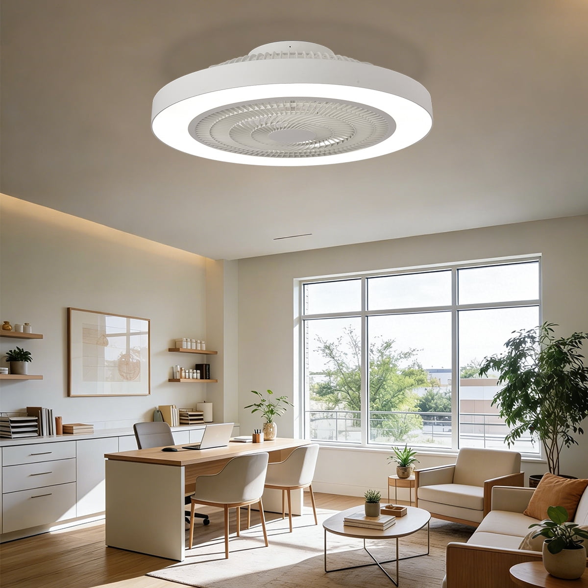 Ceiling Fan with Light, 19 inches LED Remote Control/APP Fully Dimmable Lighting Modes, Invisible Acrylic Blades Enclosed Semi Flush Mount Low Profile Reversible 6 Speed DC Motor Fan, White