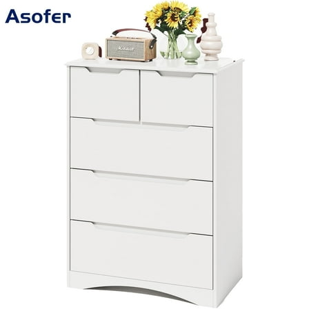 White Dresser for Bedroom, Asofer 5 Chest of Drawers Dresser, Living Room Wood Storage Cabinet
