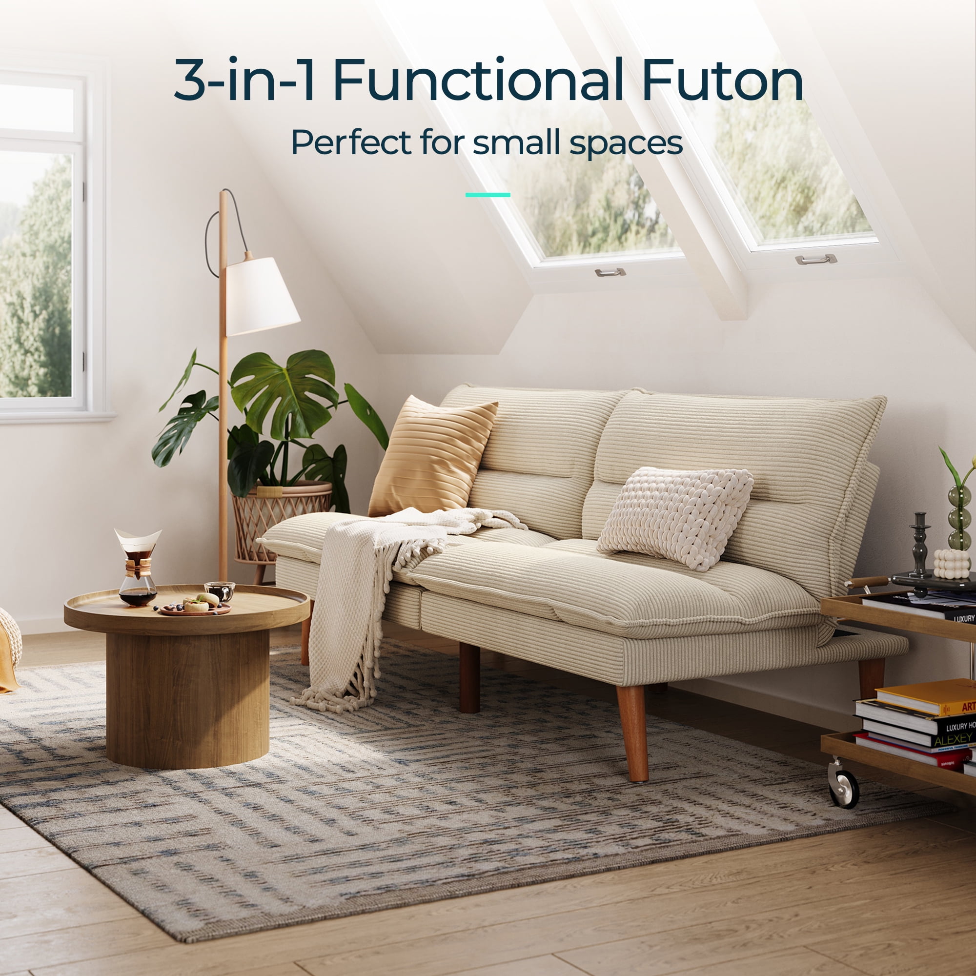 Linsy Home Convertible Futon Sofa Bed, Wooden Arms, 100% Corduroy, 75"W x 21"D x 23.30"H, White