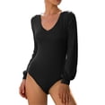 thumbnail image 3 of UHYARE Women's Fashion Lantern Sleeve V Neck Stretchy Bodysuit Jumpsuits(Black,S), 3 of 5