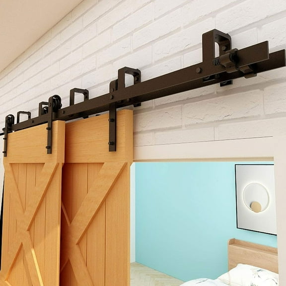 CCJH 4FT Bypass Sliding Barn Door Hardware Kit Double Track Low Ceiling Heavy Duty for Double Wooden Doors, Basic Hanger