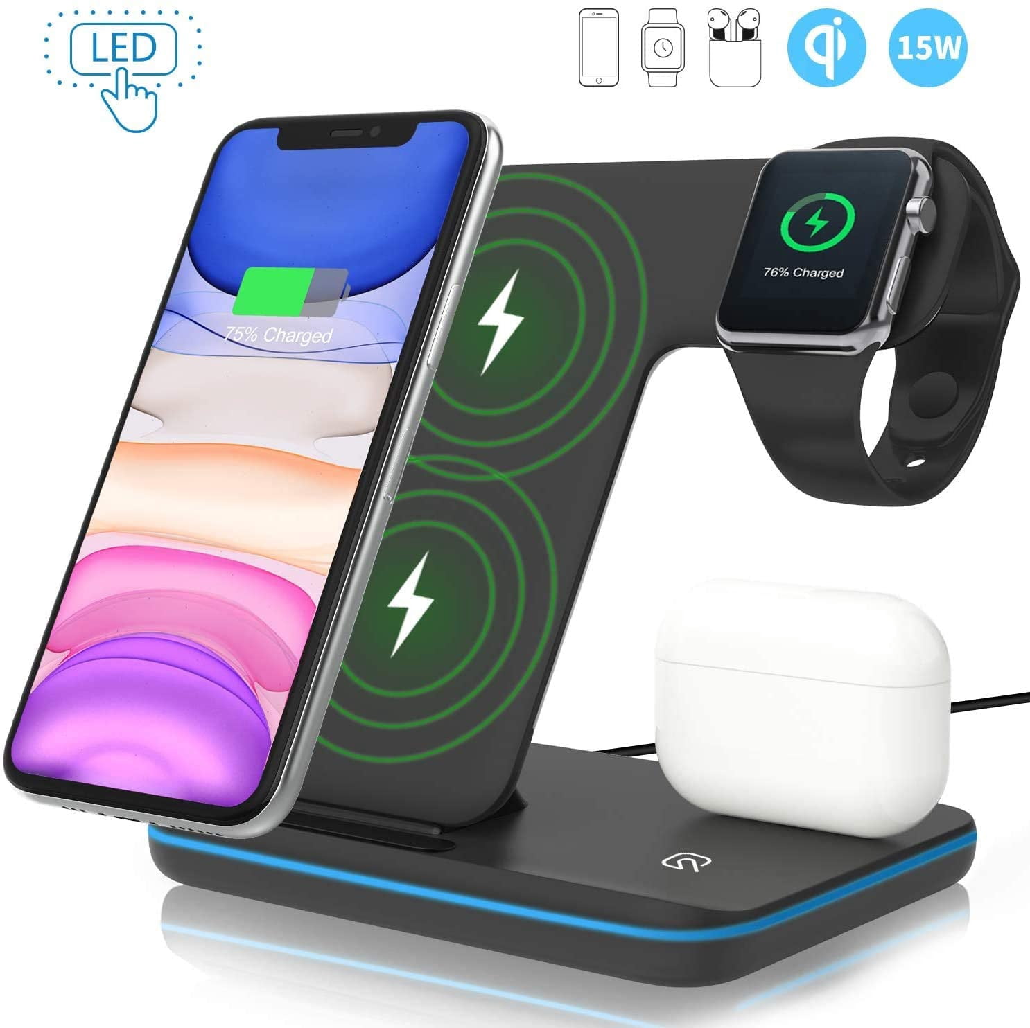 Wireless Charger 3 in 1, 15W Fast Charging Station for Apple iWatch Series  5/4/3/2/1,AirPods, Compatible with iPhone 11 series / XS MAX / XR / XS / X  / 8/8 Plus / Samsung (white, black) | Walmart Canada