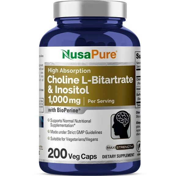 NusaPure Choline & Inositol 1000mg - 200 Veggie Caps (100% Vegetarian, Non-GMO)