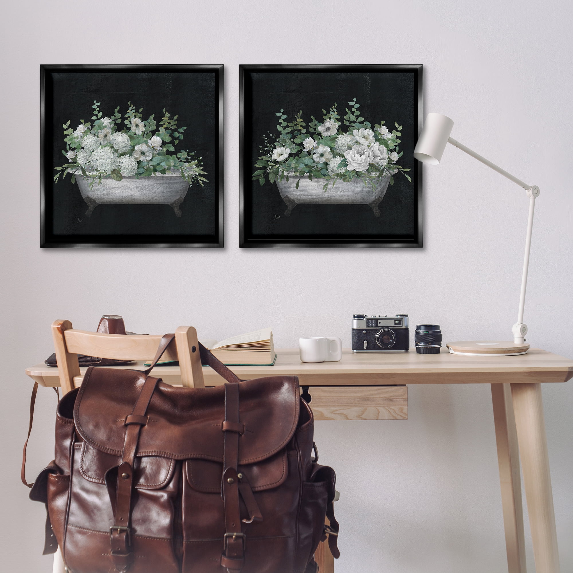 Stupell Industries Filled White Floral Soaking Tub Bath & Laundry Painting Black Floater Framed Canvas Art Print Wall Art, 25 x 25, Set of 2