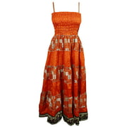 Mogul Womens Speghatti Dress Orange Vintage Patchwork Printed Smocked Bodice Evening Dresses