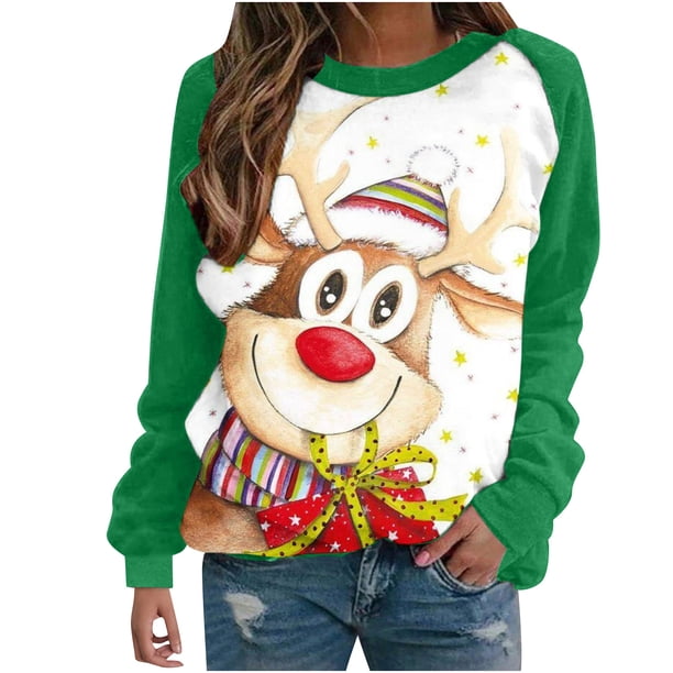 Camiseta informal de manga larga con cuello redondo y estampado navideño para mujer Pompotops qwe23969