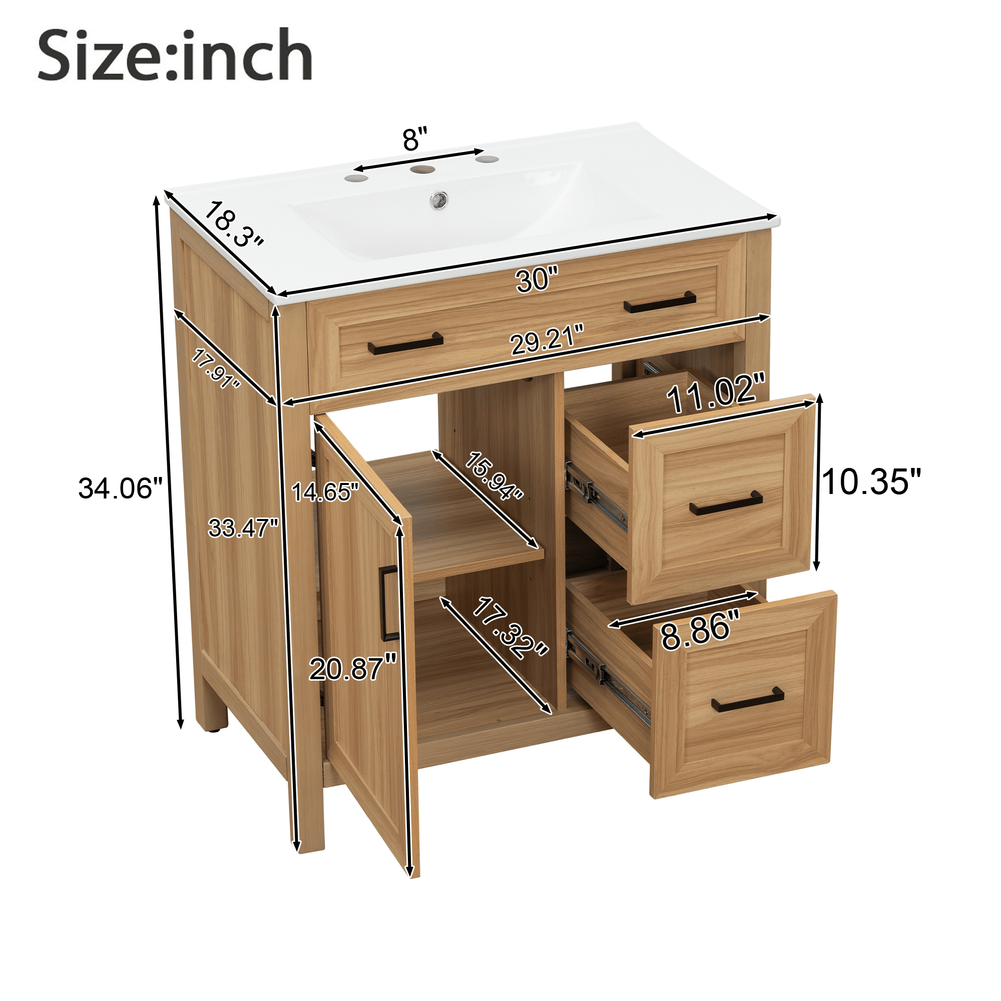 Harper & Bright Designs 30" Wood Bathroom Vanity with Sink, Bathroom Cabinet Freestanding with Drawers, Modern Bathroom Cabinet Freestanding with Adjustable Shelf, Acacia Wood