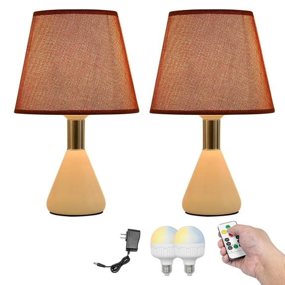 Kiven Cordless Table Lamp, Dimmable Desk Lamp with φ6.3 Brown Fabric Lampshade, Farmhouse Rechargeable Nightstand Lamp with White Base for Reading Home Decor Office Bedside, Set of 2