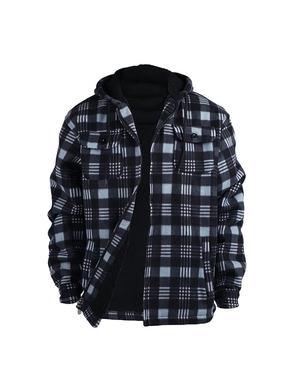 Heavy Thick Flannel Plaid Jacket Men Sherpa Fleece Lined Loose Fit Hooded Coat Fall Winter Thermal Zip Up Quilted Outwear Dark Gray XL