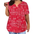 thumbnail image 1 of Liquidation d'Été! Fatuov T-Shirts pour Femmes Grande Taille Tendance Décontracté Manches Courtes Col en V Imprimé Floral Graphique T-Shirts Hauts d'Été Rouge, Taille 3TG, 1 of 4