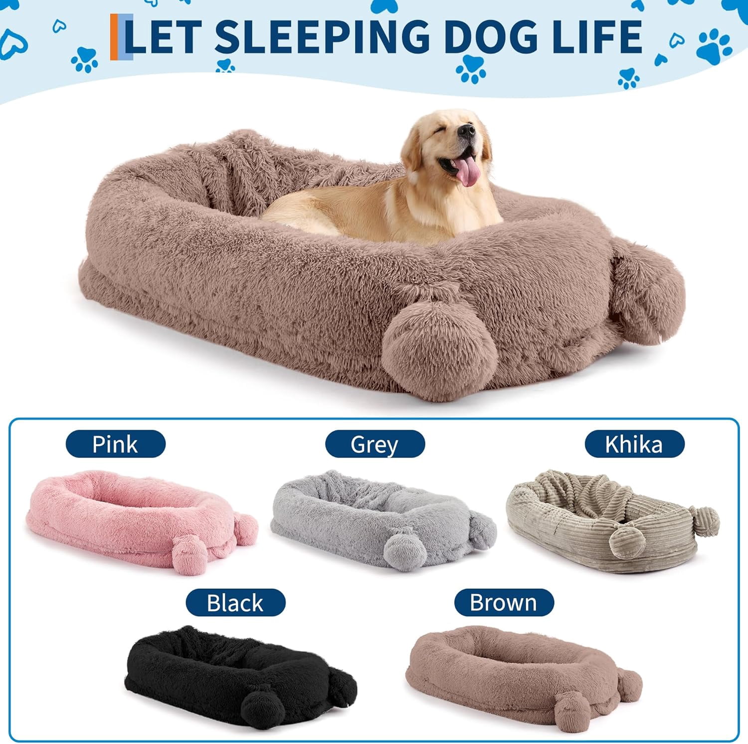 Human Sized Dog Bed, 70.87" x 45" x 12" Large Dog Bed with 2 Storage Pockets, Faux Fur Orthopedic Pet Bean Bed for Adults & Giant Pets - Khaki
