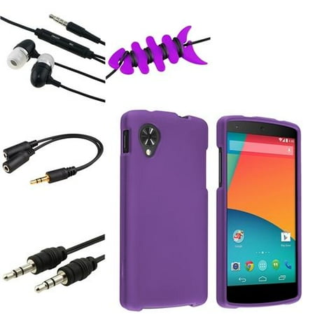 INSTEN Purple Snap on Rubber Hard Cover Case Skin+4in1 Earphone Combo For LG Nexus 5 D820
