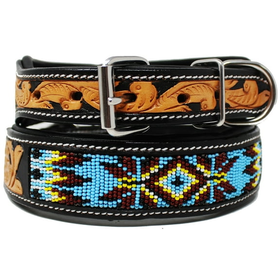 Small 13''- 17'' Hand Tooled Floral Padded Leather Beaded Dog Collar  60183