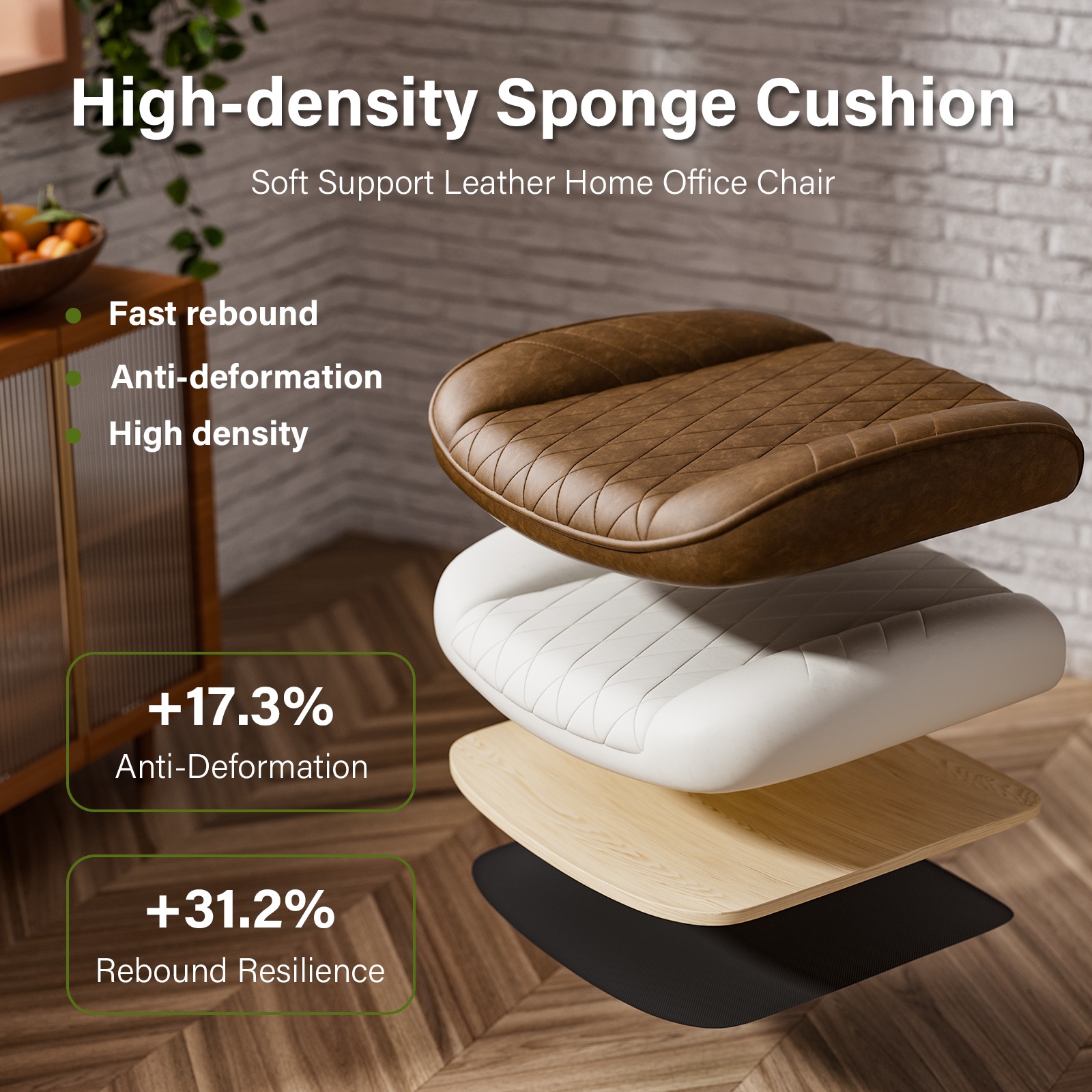 Ninecer Brown Leather Office Chair with Wheels Adjustable Height Padded Arms Mid Century Executive Desk Chair for Home Office