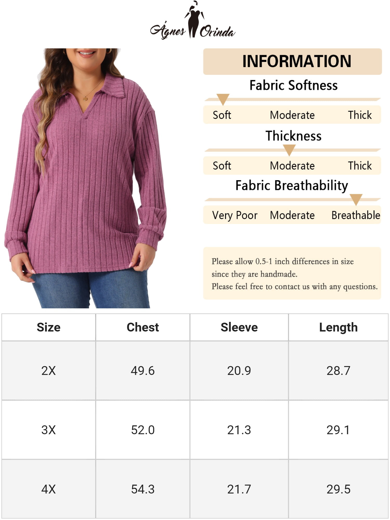 DARING DIVA Women's Plus Size Loose V Neck Long Sleeve Polo 2X Fuchsia