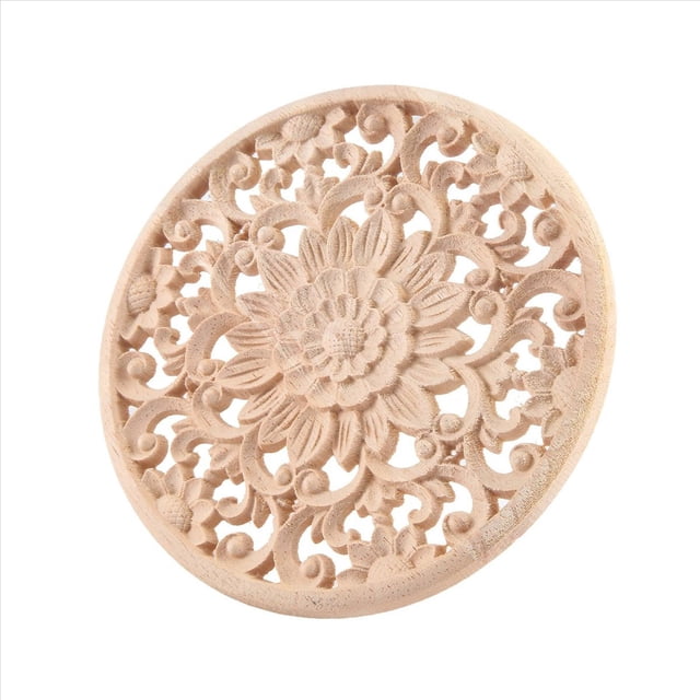 Flor Tallada Tallado De Apliques Redondos Madera Para Mueble Gabinete Sin Pintar Molduras Calcomanía Estatuilla Decorativa 15x15x0.8cm