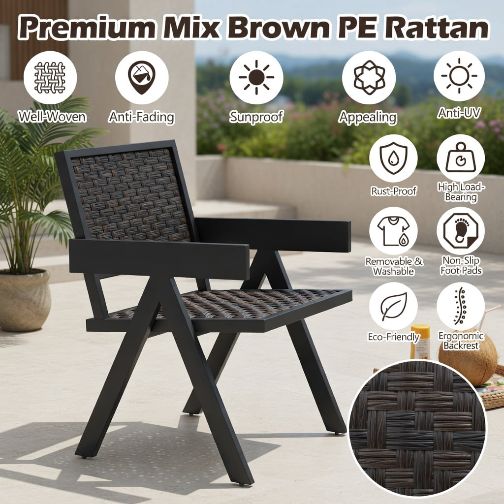 Hommoo 3-Piece Outdoor PE Wicker Bistro Set, 2 Armchairs + Coffee Table with Quick-Dry Foam Cushions, Fade-Resistant Brown Wicker & Tempered Glass Top, Brown