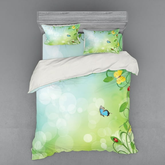 Ambesonne Butterfly Bedding Set 4 Pcs, Spring Flowers Sunny, Queen, Pale Green