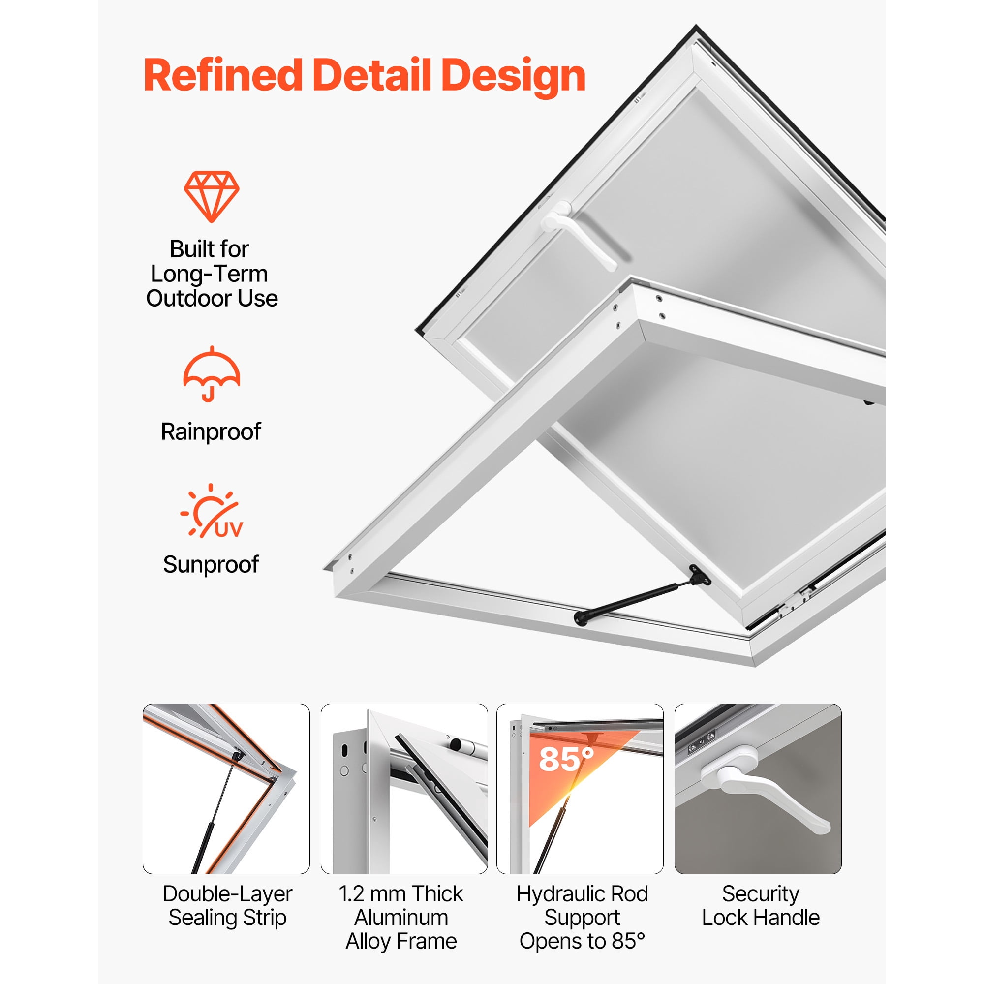 KFFKFF Concession Window 36x36 in Aluminum Alloy Frame Service Window, Designed for Food Trucks, Features Awning Door with Drag Hook, Opens Up to 85 Degrees, and Rainwater-Resistant for Trailers