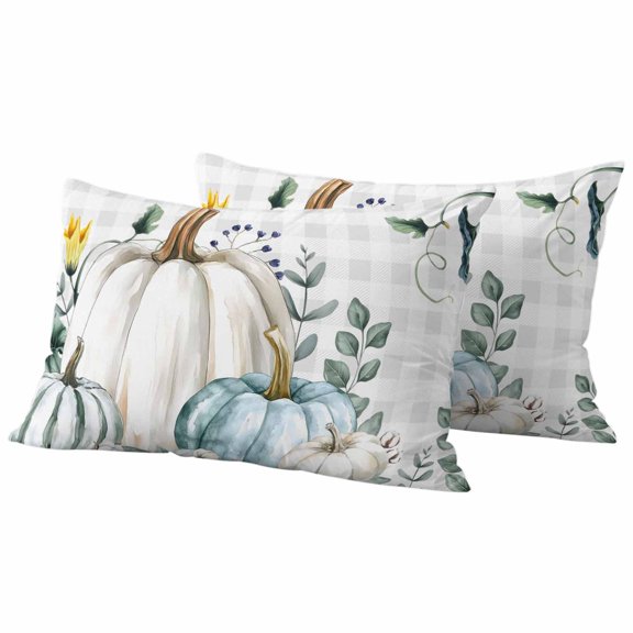 Lumbar Pillow Covers 12 x 20 Inches, Thanksgiving Waterproof Throw Pillow Cover Set of 2, Fall Blue White Pumpkin Leaves Floral Plaid Decorative Rectangle Cushion Covers for Patio/Tent/Couch/Garden