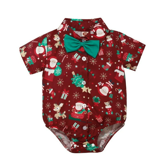 Generic Xmas Baby Boys Girls Print Short Sleeve Gentleman Romper Bodysuit Christmas Outfit Autumn Winter Clothes for Holiday Party Christmas（12-18 Months Red）