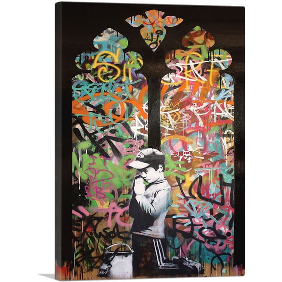 ARTCANVAS Forgive Us Our Trespassing Canvas Art Print by Banksy - Size: 26" x 18" (0.75" Deep)