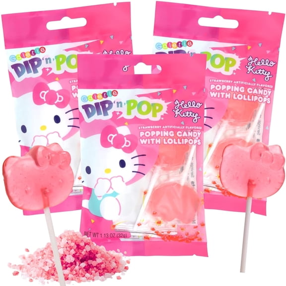 Hello Kitty Lollipops with Popping Candy Dip, Party Favors, Birthday Goodie Bag Fillers, 1.13 Ounces Each, Pack of 3