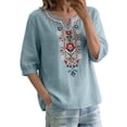 thumbnail image 4 of Holzkary Women's Summer Linen Shirts V Neck Blouses Work Tees Mexican Shirts Retro Embroidered Boho Tops Summer Gauze Shirts Breathable Office Work Tops Boho Shirts Peasant Tops Soft Floral Top, 4 of 9