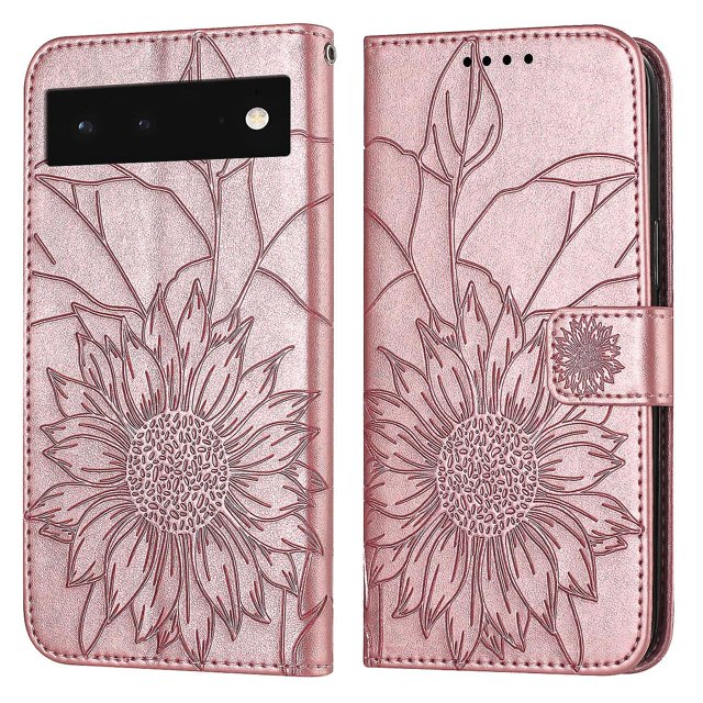 Funda tipo cartera con girasoles grabados para Google Pixel 6: elegante, multifuncional y con protección total.