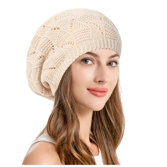 Fgnfyis Soft Knit Crochet Beret Hat with Airy Cutout Design Lightweight Slouchy for Women Beige One Size