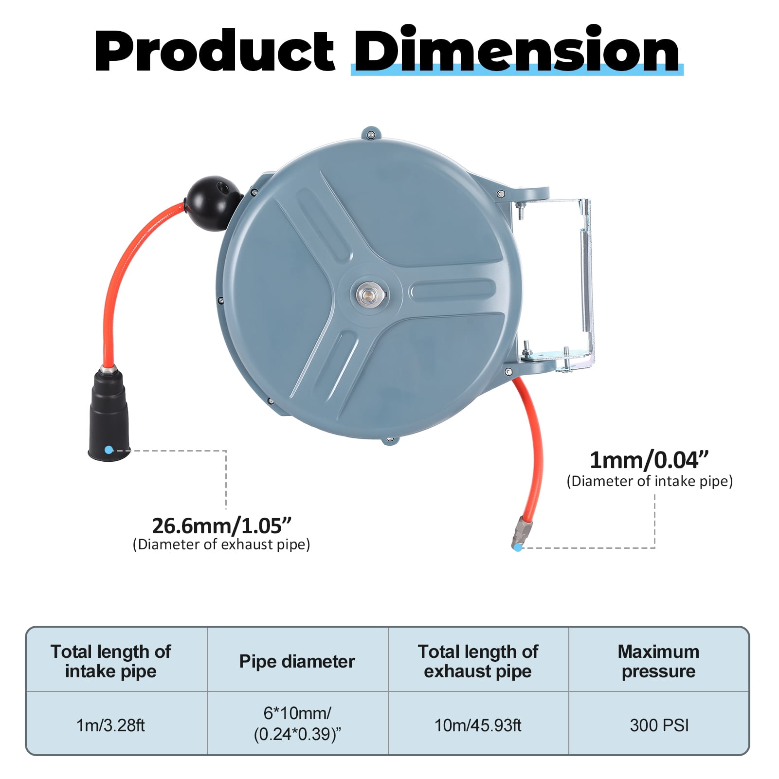 ziertyon 50-Foot by 3/8-Inch Retractable Pneumatic Air Hose Reel, 300 PSI
