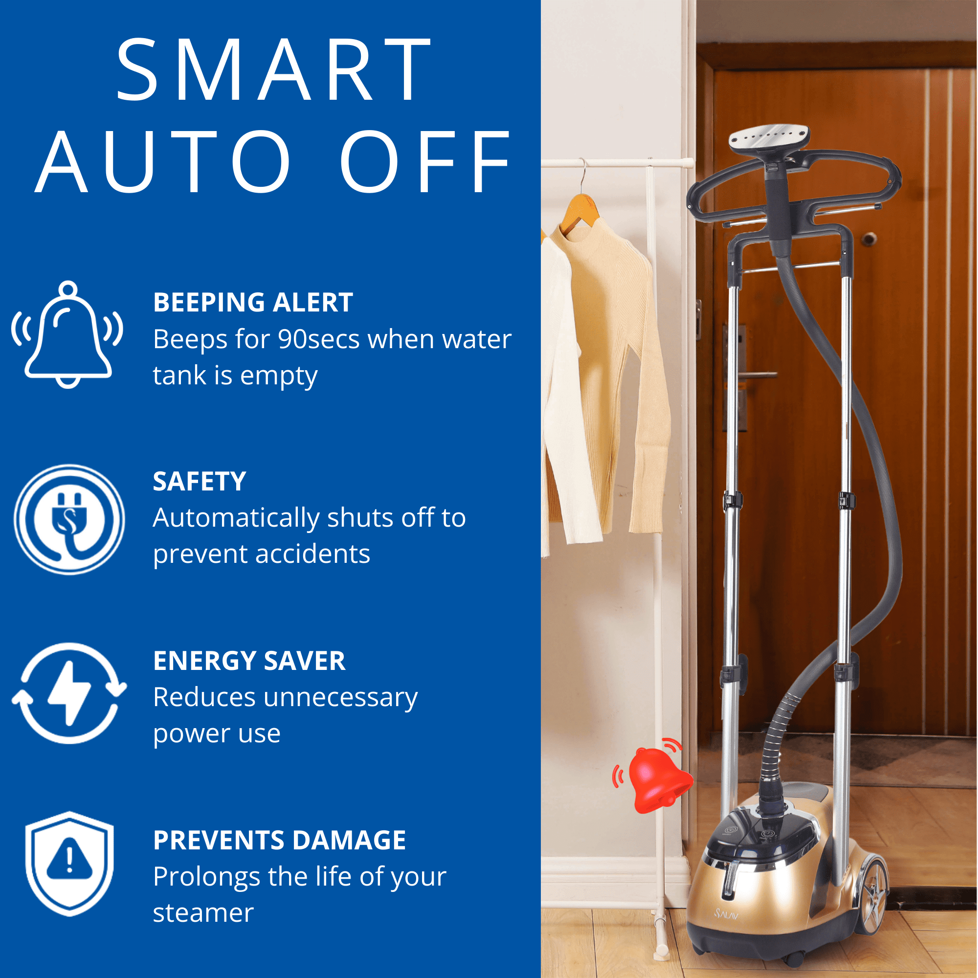 SALAV Professional Series Garment Steamer with Stainless Steel Plated Nozzle in Gold