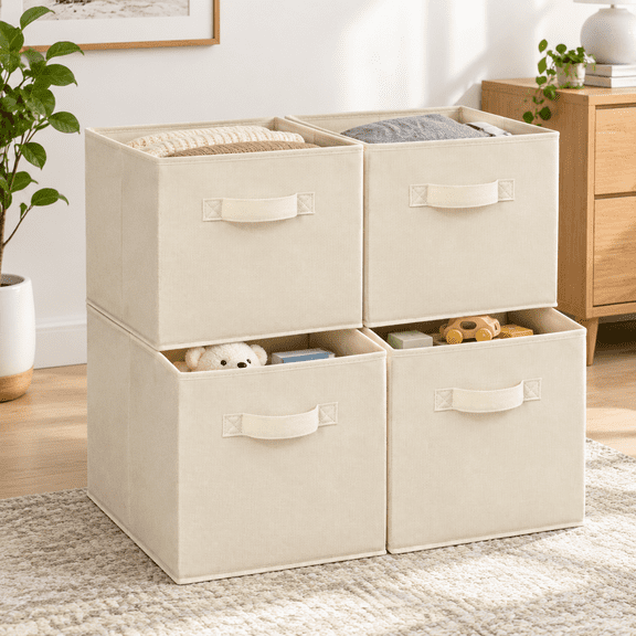 Beige 10.5" x 10.5" x 11" 4-Pack Collapsible Fabric Storage Cubes
